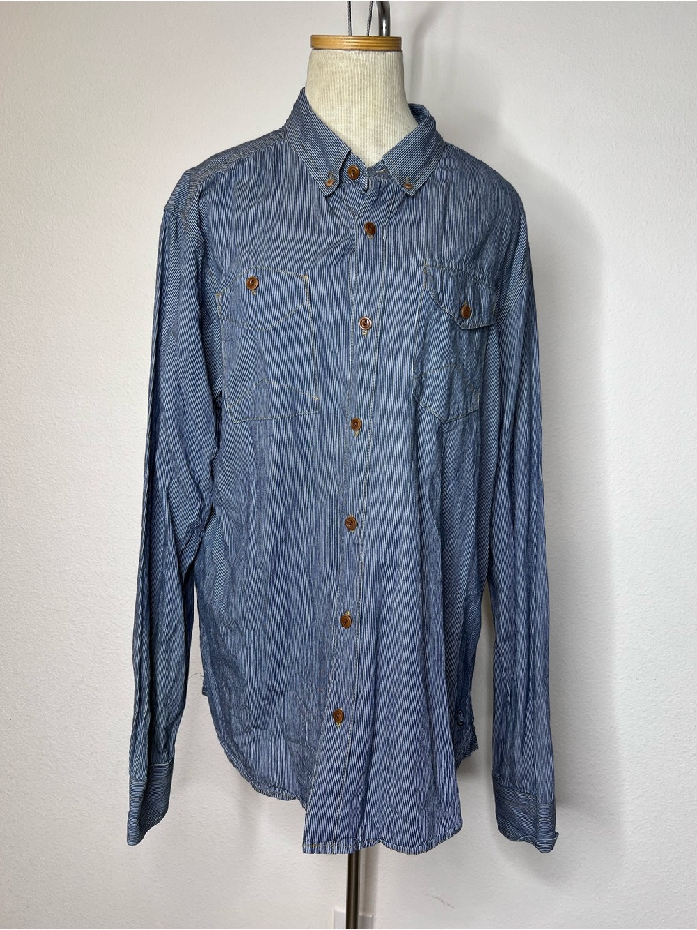 Almond Fine Surfing Boards Men's Blue Button-Up Railroad Striped Shirt
